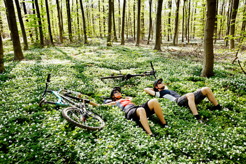 Två personer i cykelhjälm och träningskläder ligger i en solig skogsglänta intill sina cyklar.